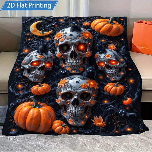 Halloween Skull Pumpkin Flannel Blanket Spooky Gothic Throw