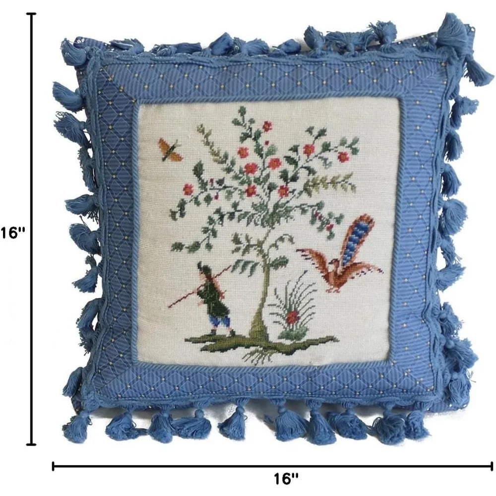 C F Home Colonial Williamsburg Boy and Peacock Needlepoint Throw Pillow 16 x 16 Blue