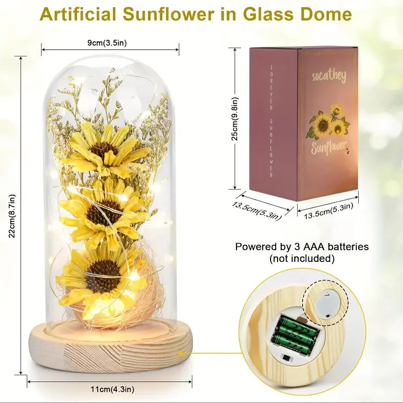 Sunflower Gifts for Women Artificial Sunflowers in Glass Dome with LED Strip Home Decor for Mother's Day and Valentine's Day