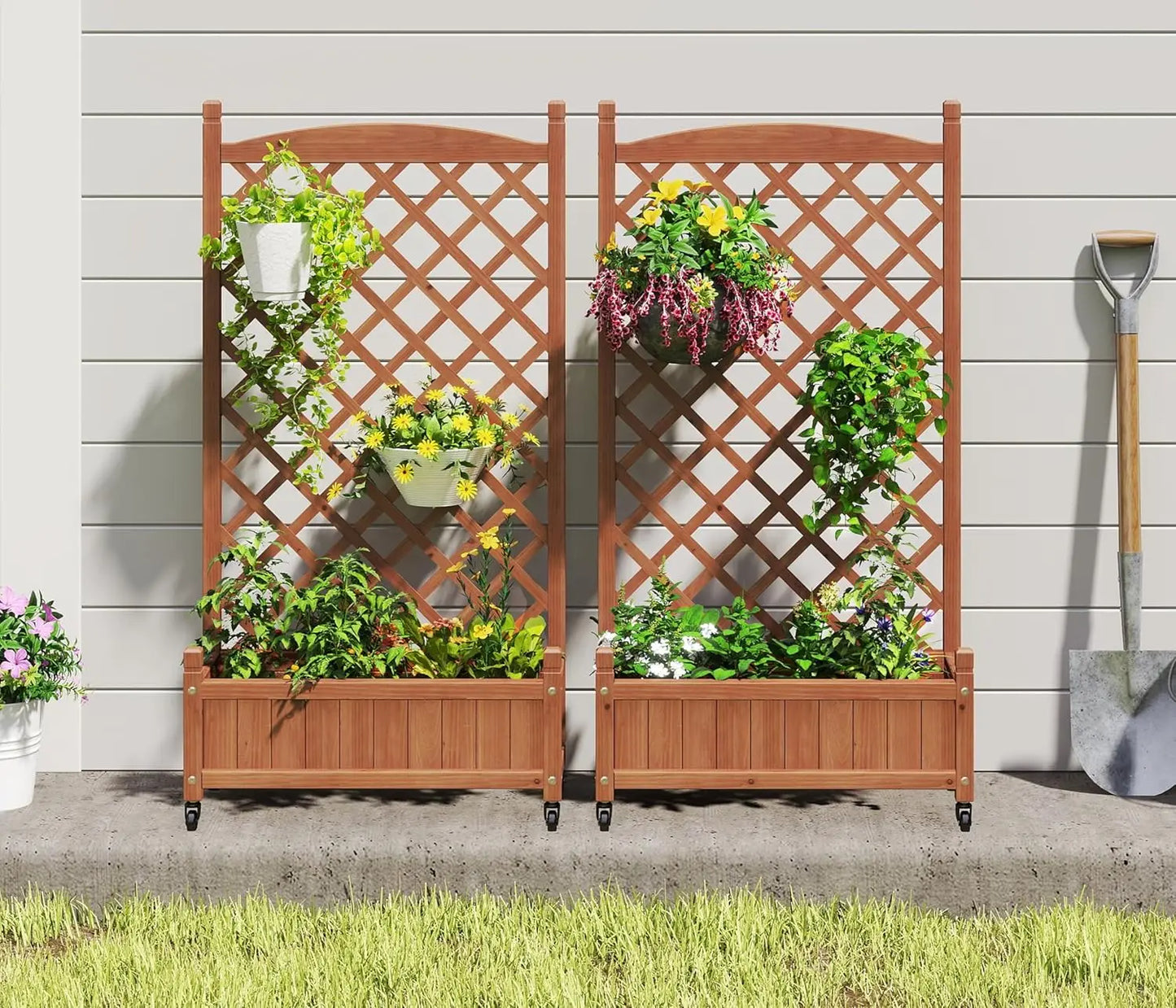 Raised Garden Bed With Trellis Set Of 2 Outdoor Wood Planter Boxes And Stands