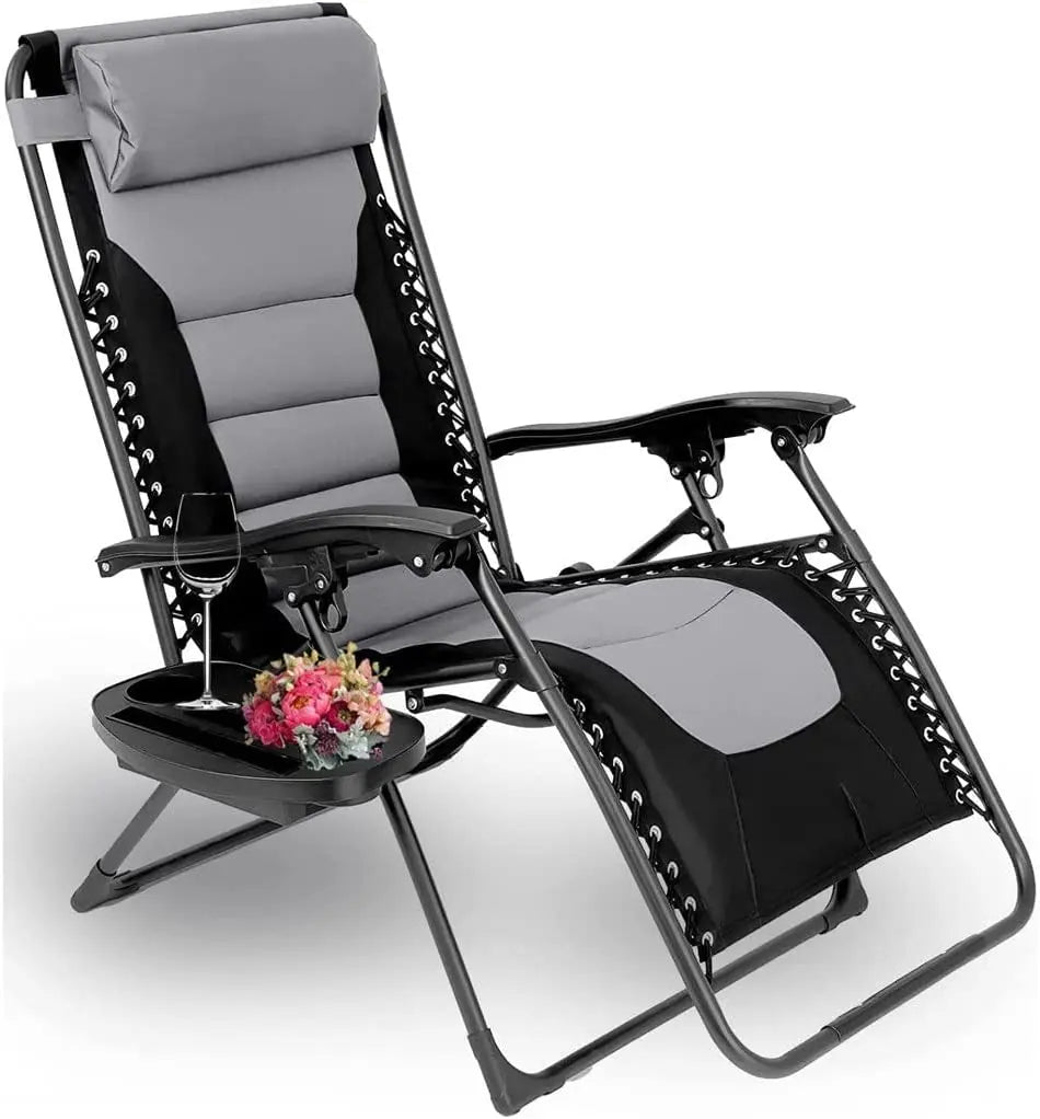 Padded Zero Gravity Lounge Chair Folding Patio Recliner with Adjustable Headrest and Cup Holder Support 160kg Sun Loungers
