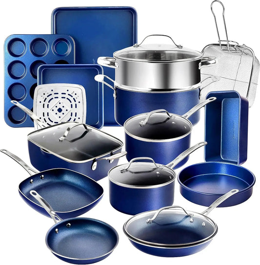 True 20 Piece Pots and Pans Set Non Stick Cookware Set with Deep Square Pan and Bakeware Set Non Toxic PFOA PFOS Free Oven Safe Blue Diamond