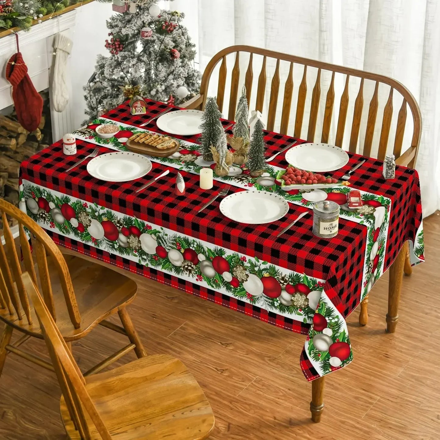 Buffalo Plaid Christmas Rectangular Tablecloth Red Reusable
