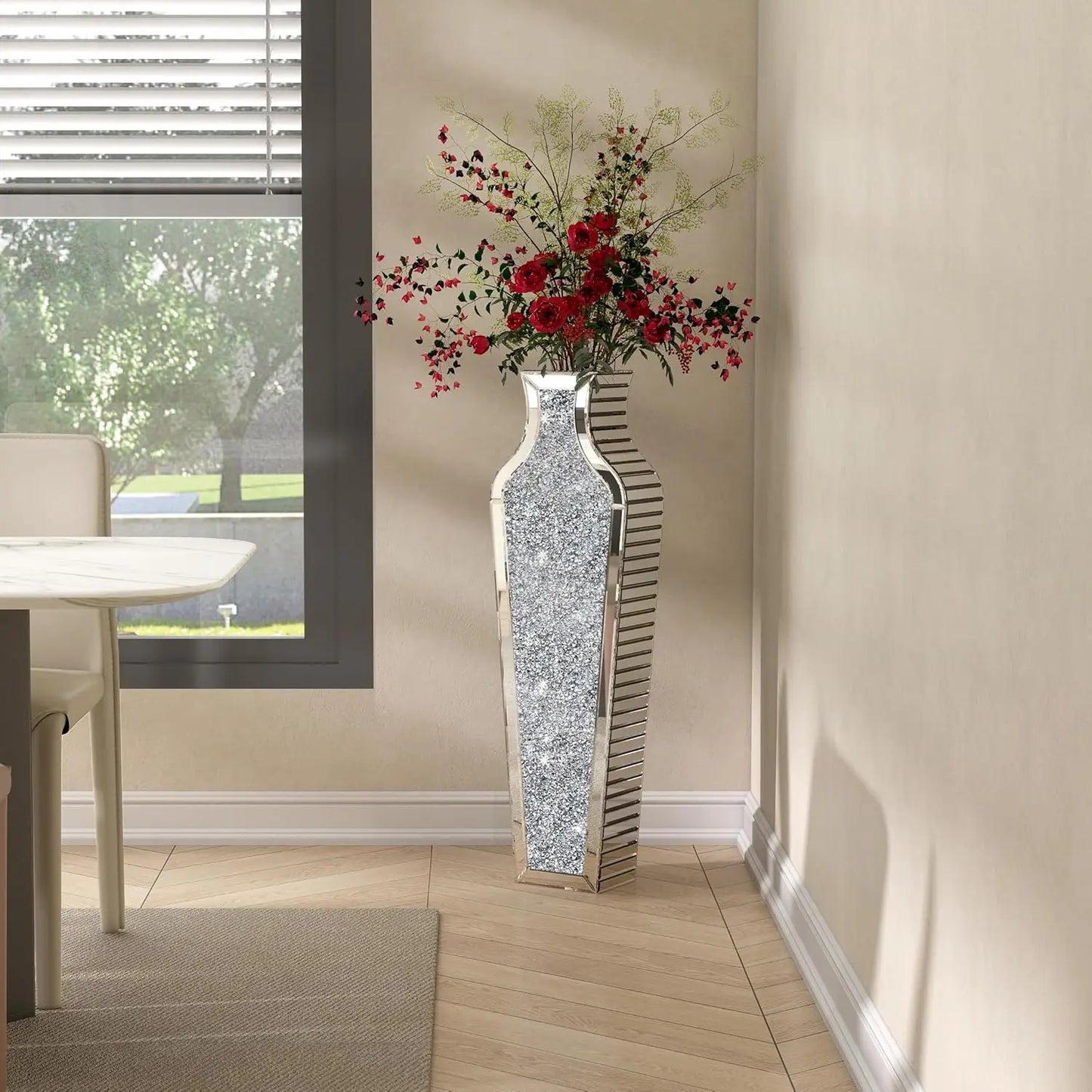 2 Shapes 68CM Crushed Diamond Decorative Mirrored Floor Vase Crystal Silver Glass Flower Vase for Pampas Grass and Artificial Flowers