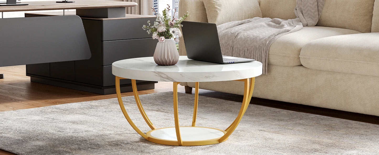 32 Inch Circle Marble Coffee Table With 2 Tier Gold Metal Legs Open Storage