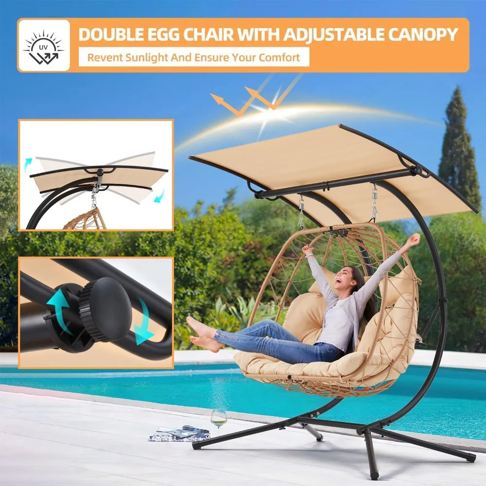 Oversized Double Egg Chair with Adjustable Canopy Patio Hanging Swing Chair Hammock Chair with Cushion
