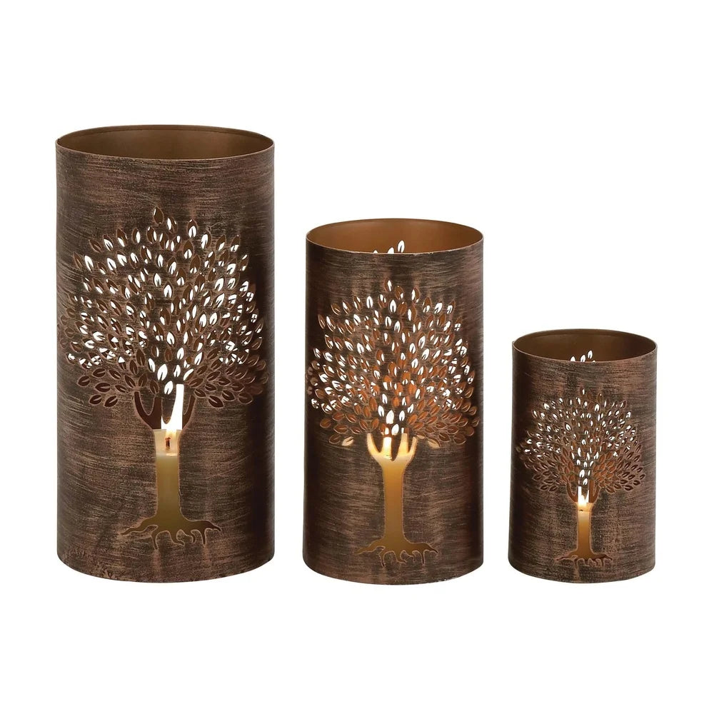 Copper Tree Lantern Set 3 Metal Holders for Pillar Candles