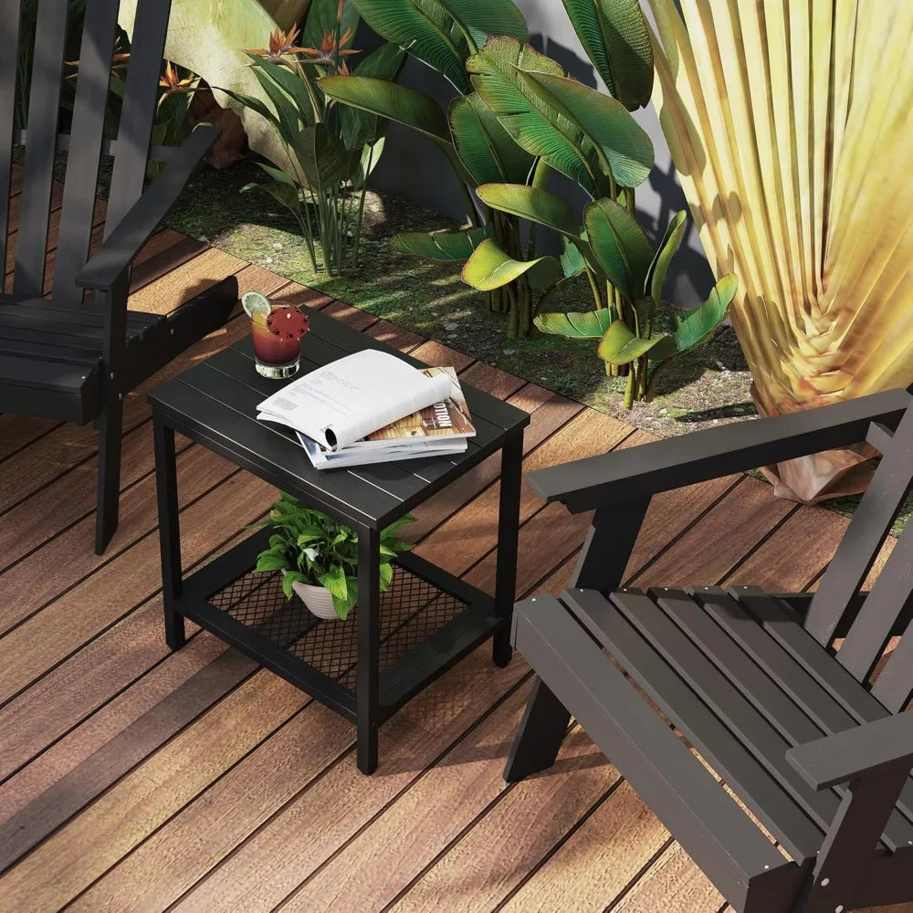 XIUWO Outdoor Side Table With Storage 2 Tier Weather Resistant Bamboo Black