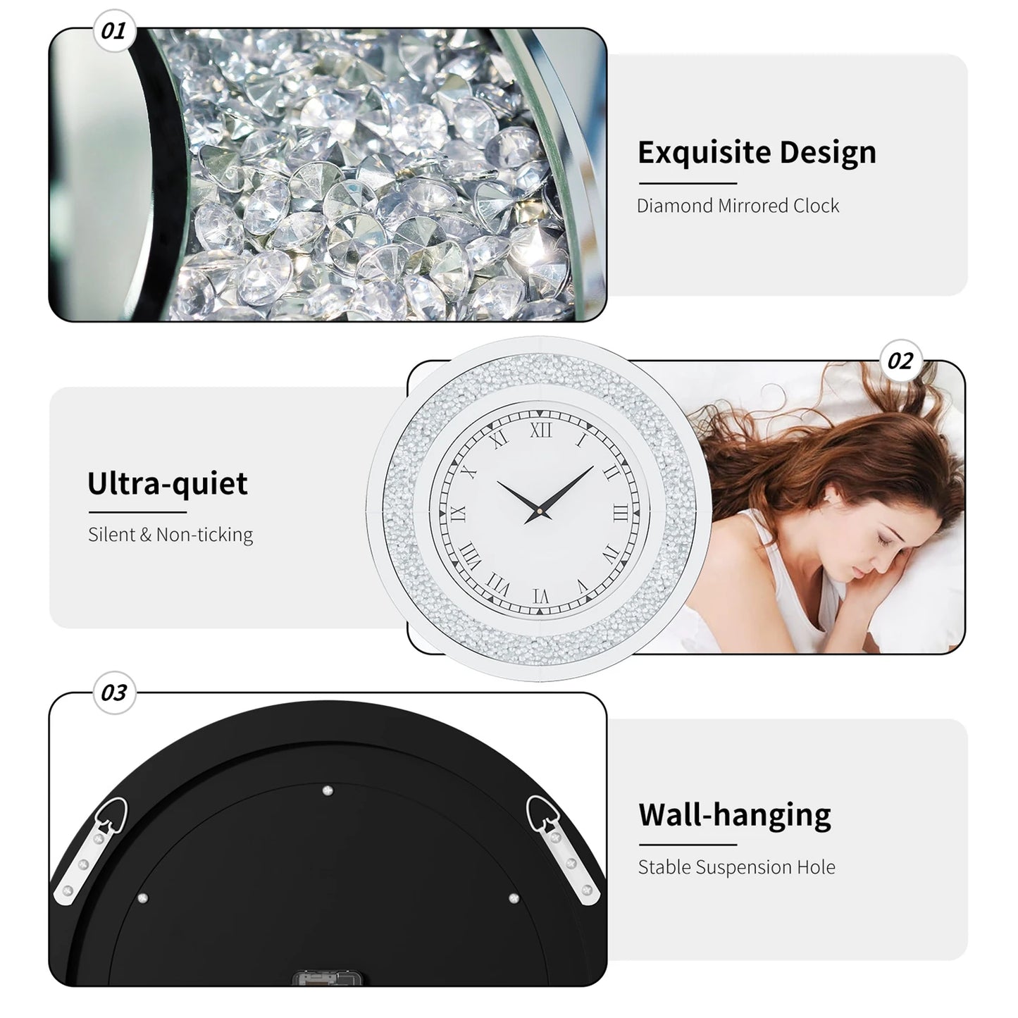 60 to 80 CM Bling Silver Round Mirror Clock Glam Sparkle Twinkle Shining Wall Clock for Home Decor