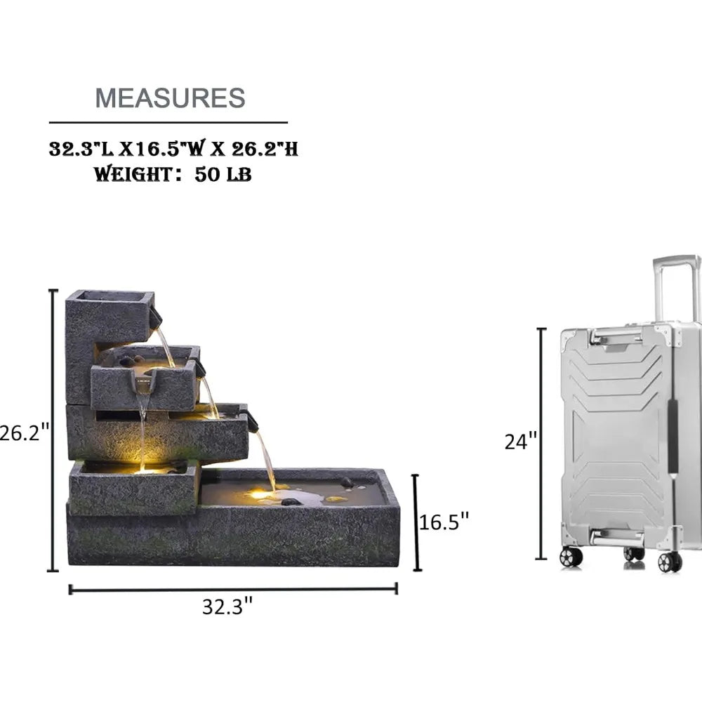 Tiered Outdoor Water Fountain For Garden And Indoor Use Freestanding Cascade Resin Concrete Modern Style With LED