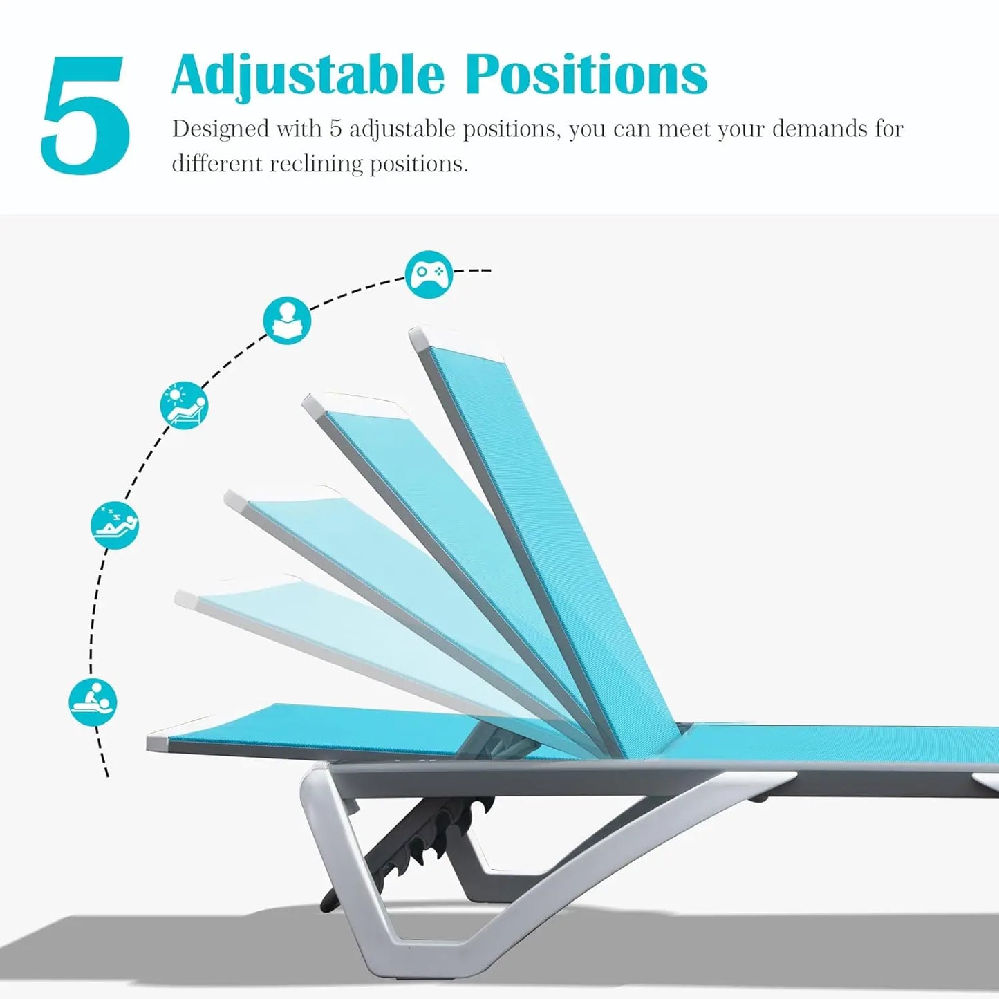 5 Position Aluminum Outdoor Lounge Chair Set Of 3 With Wheels All Weather
