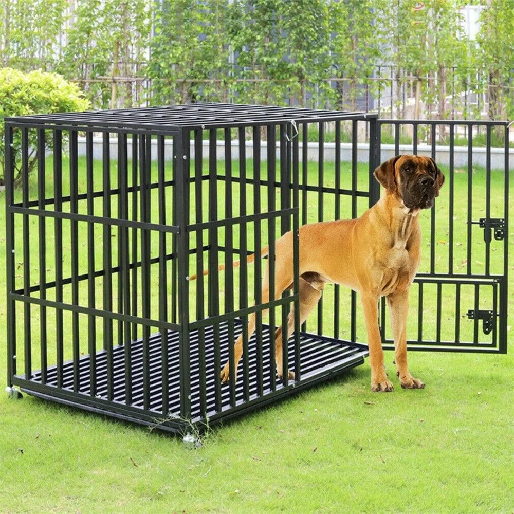 XXL Heavy Duty Dog Crate With Lockable Wheels And Tray Square Tube Metal Kennel