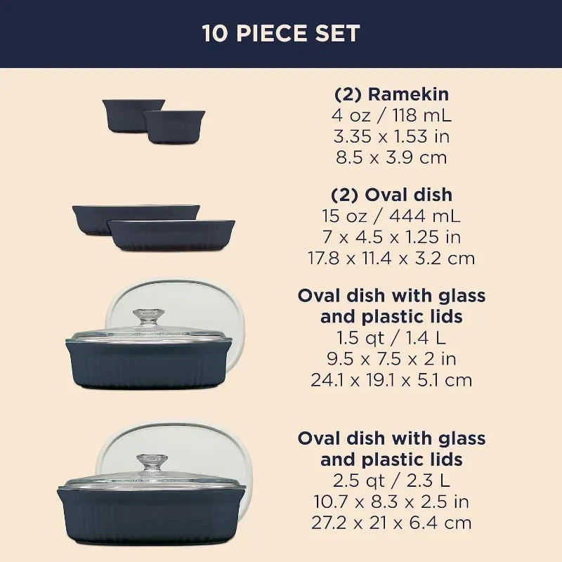 Ceramic Bakeware Set with Lids Chip and Crack Resistant Stoneware Baking Dish 10 Piece French Navy Microwave Dishwasher Oven Freezer Safe