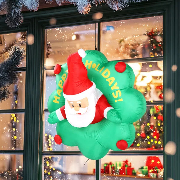4 Foot Inflatable Santa Window Decor With Wreath LED Lights