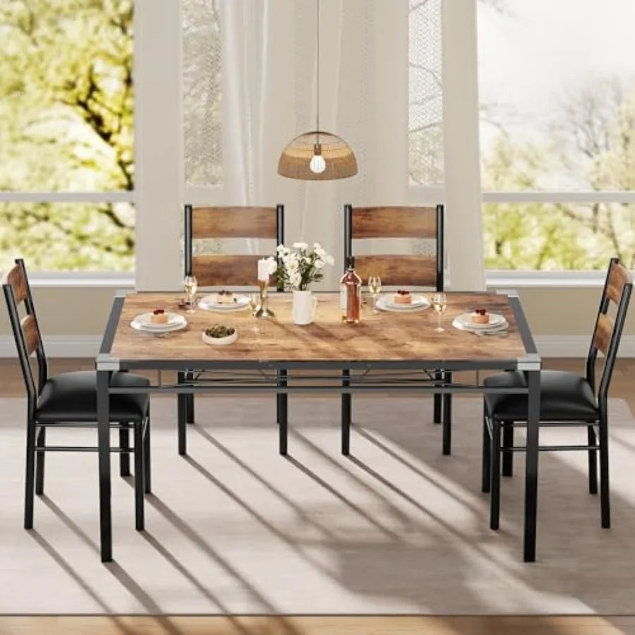 Retro Brown Dining Table Set for 4 with Corner Protector and Upholstered Chairs