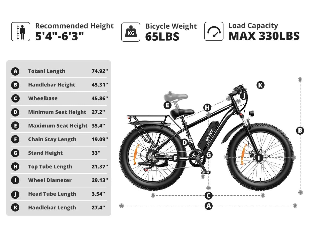 AMYET EB26 Electric Bike 1500W 48V 15Ah 26 Inch Fat Tire Mountain Bike 31 Mph