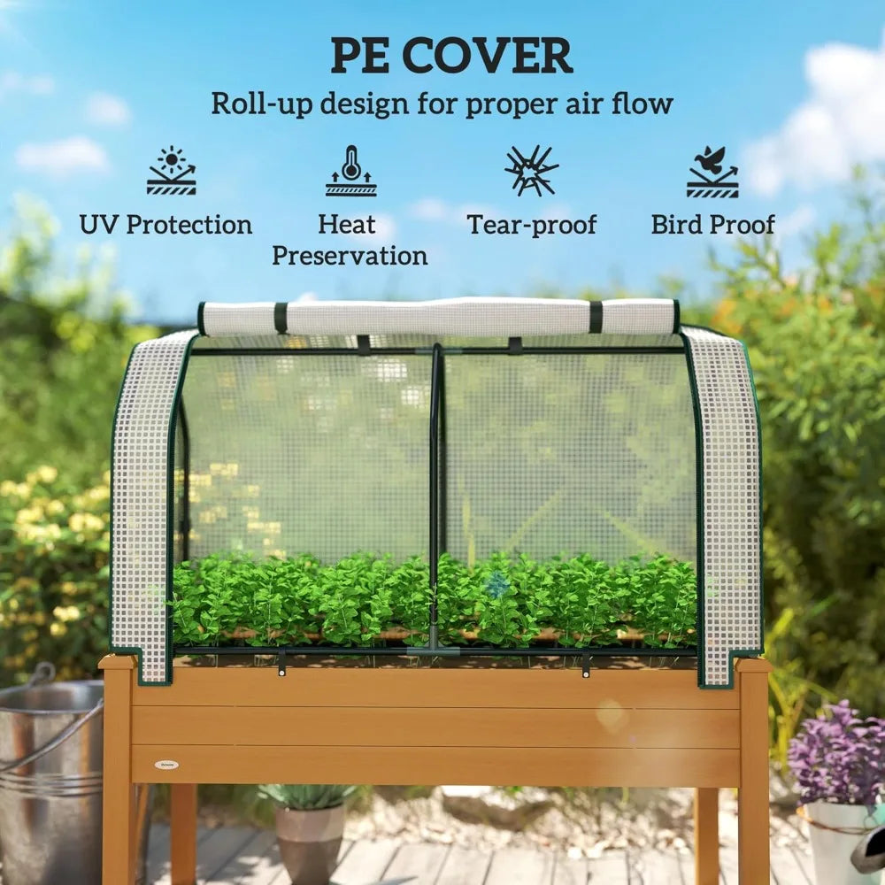 Raised Garden Bed With PE Greenhouse Cover Outdoor Elevated Planter Box