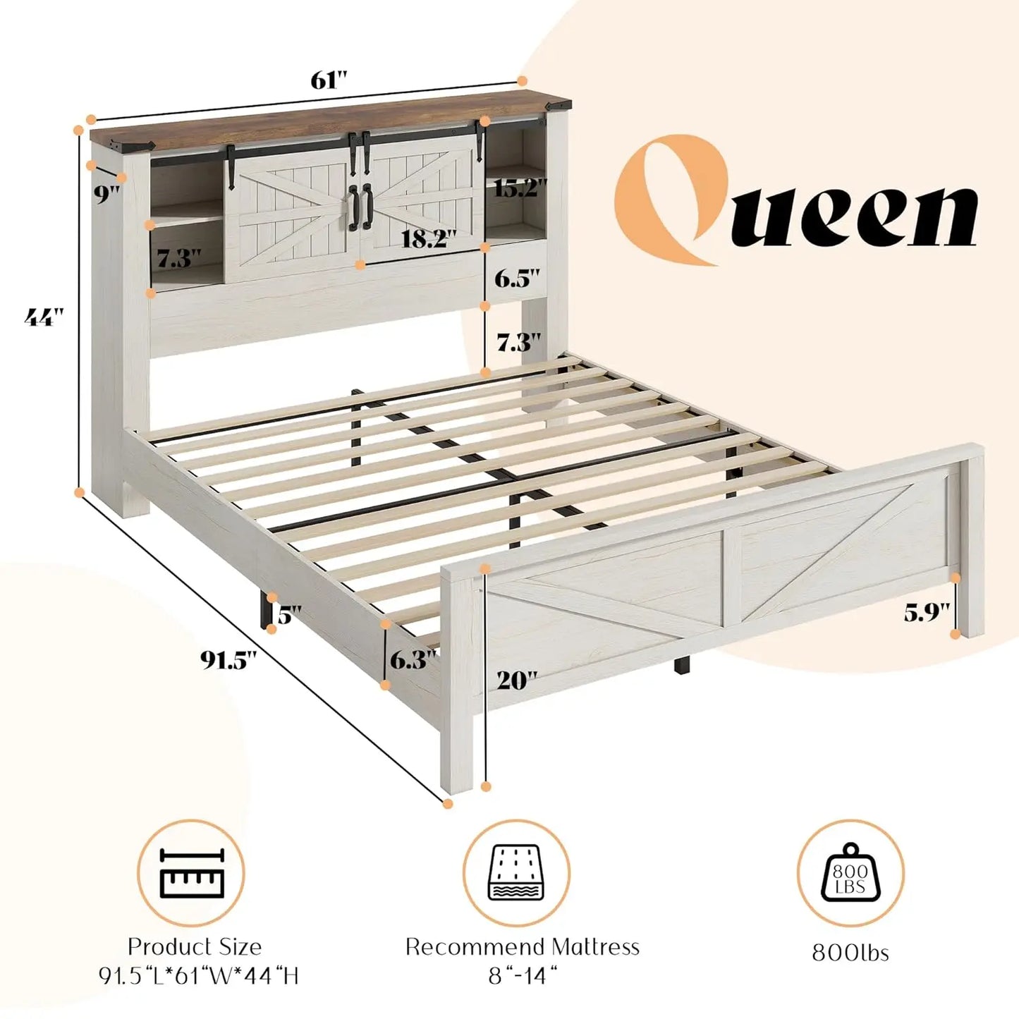 Farmhouse Queen Bed Frame With Storage USB Headboard No Box Spring White Finish