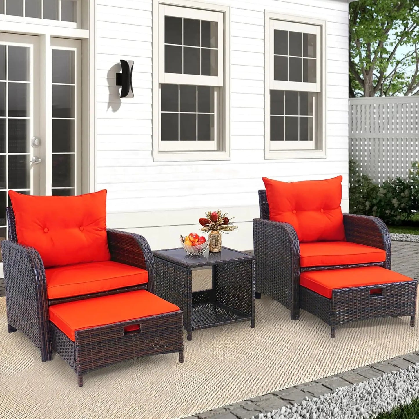 5 Piece Wicker Outdoor Patio Chairs With Ottomans All Weather PE Rattan Set