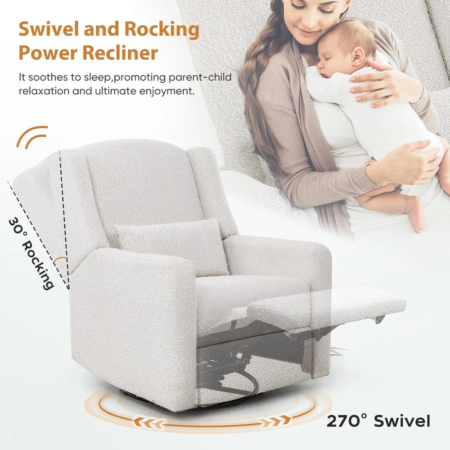 Power Recliner With USB Port Boucle Upholstered Large Swivel Rocker Recliner