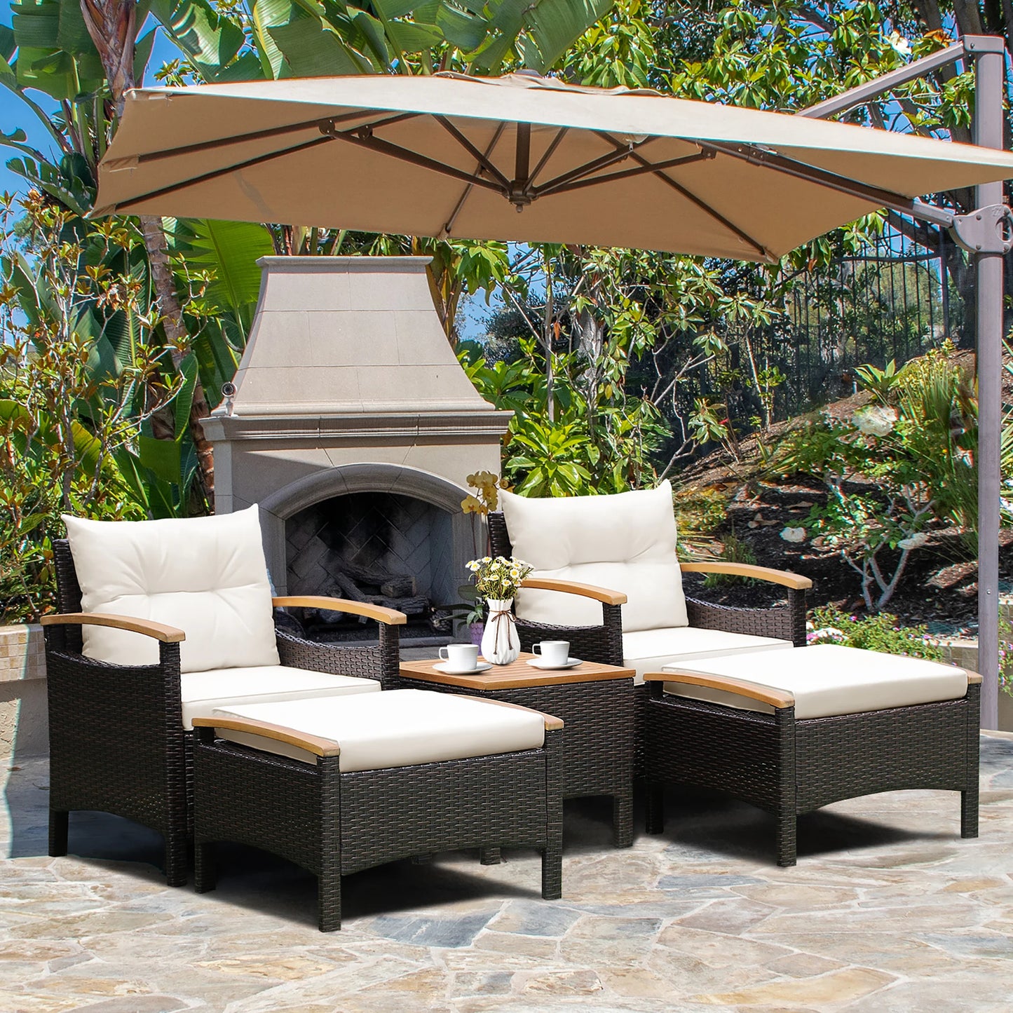 5 Piece Patio Rattan Furniture Set Sofa Ottoman Cushioned Table With Wood Top