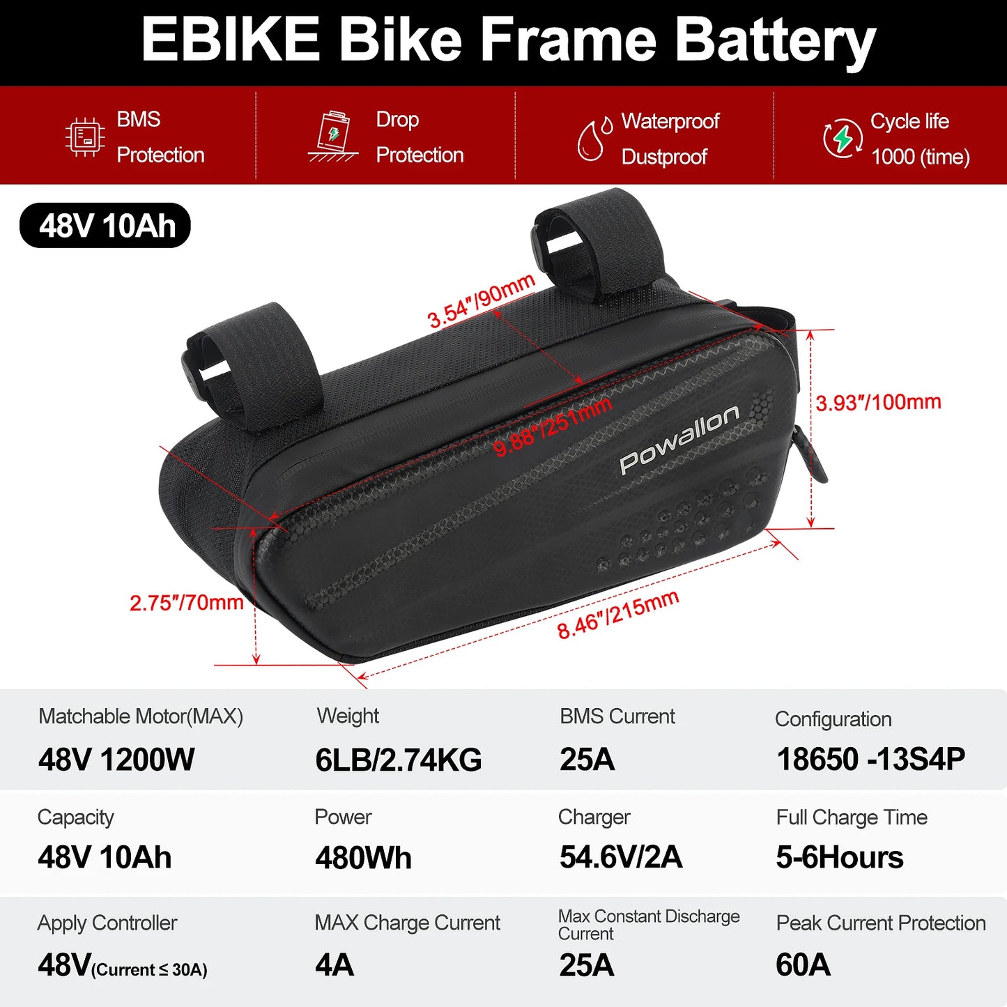 Ebike Battery 36V 48V Triangle Case Waterproof 10 13 20Ah