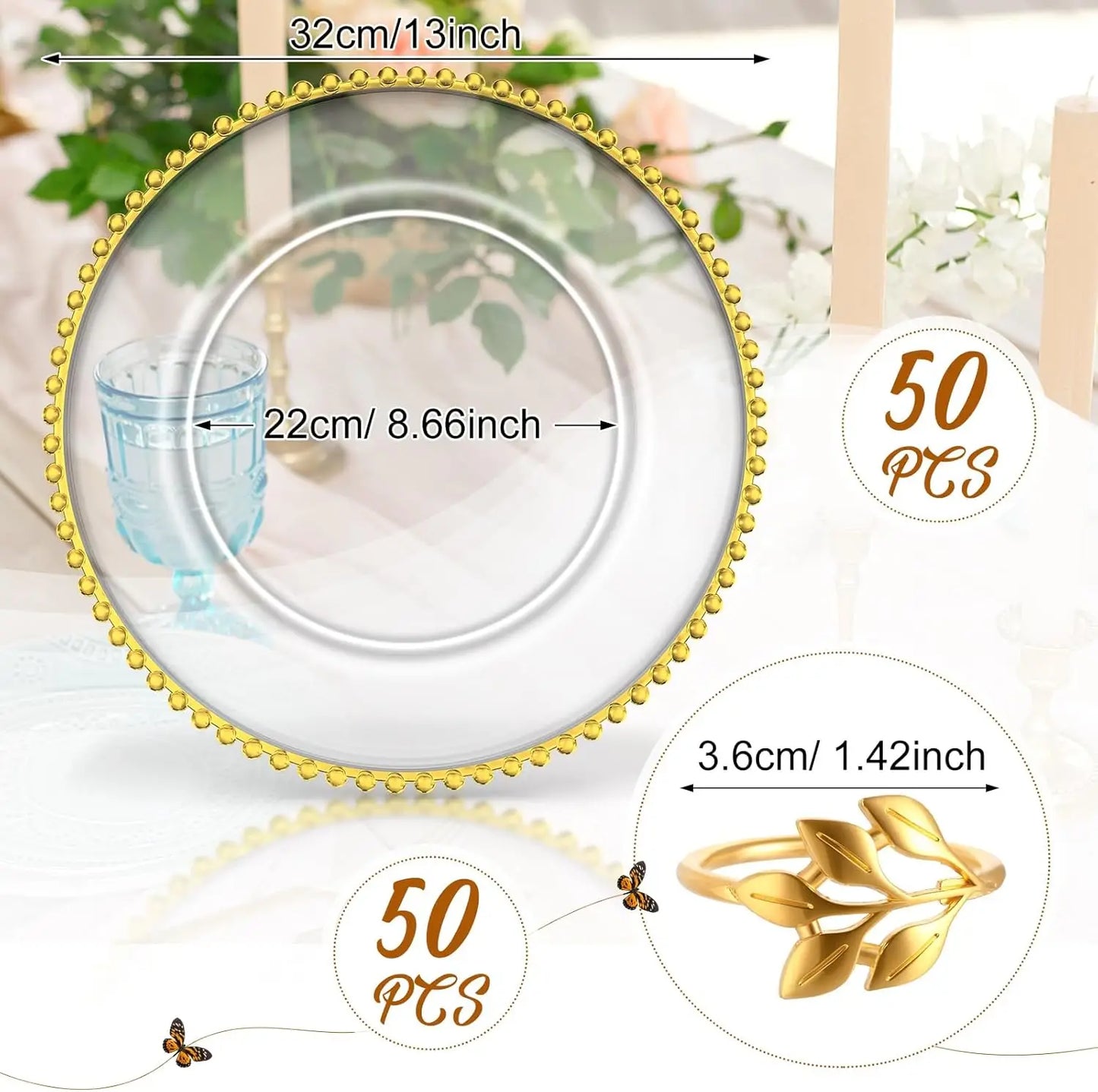 50 Set Clear Charger Plates Bulk 13 Inch Beaded Plastic Charger Plates with Napkin Rings Acrylic Round Dinner Table Decorative Plates for Party Wedding Thanksgiving