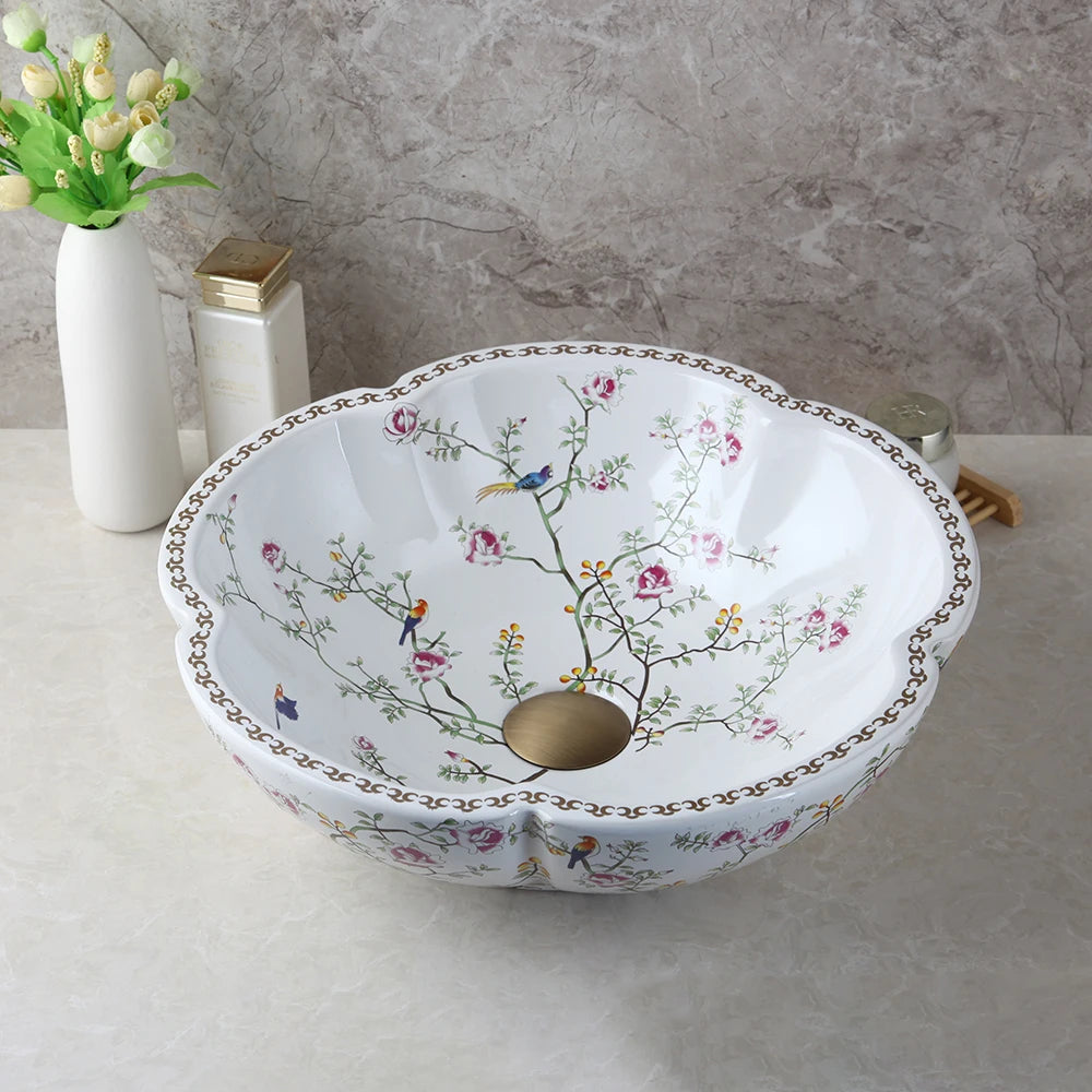 Jieni Art Ceramic Basin Set Blossoms Spring Brass Tap