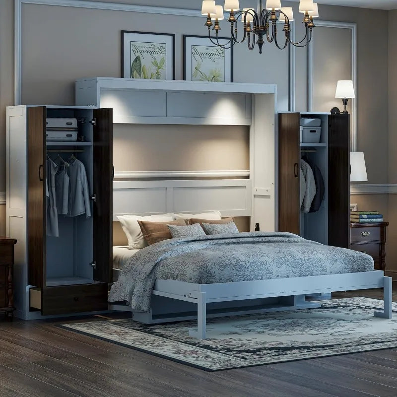 Queen Size Murphy Bed With Desk and Drawers and Closet in White