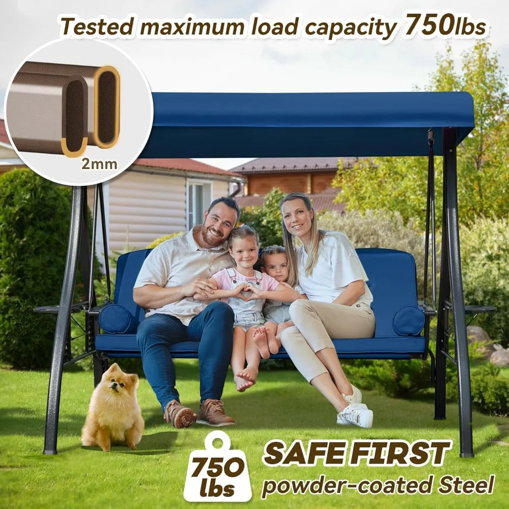 3 in 1 Outdoor Porch Swing With Adjustable Canopy 3-Seat Thick Cushions Pillows Cup Holders Heavy Duty Alloy Steel Frame 750 Lb Capacity