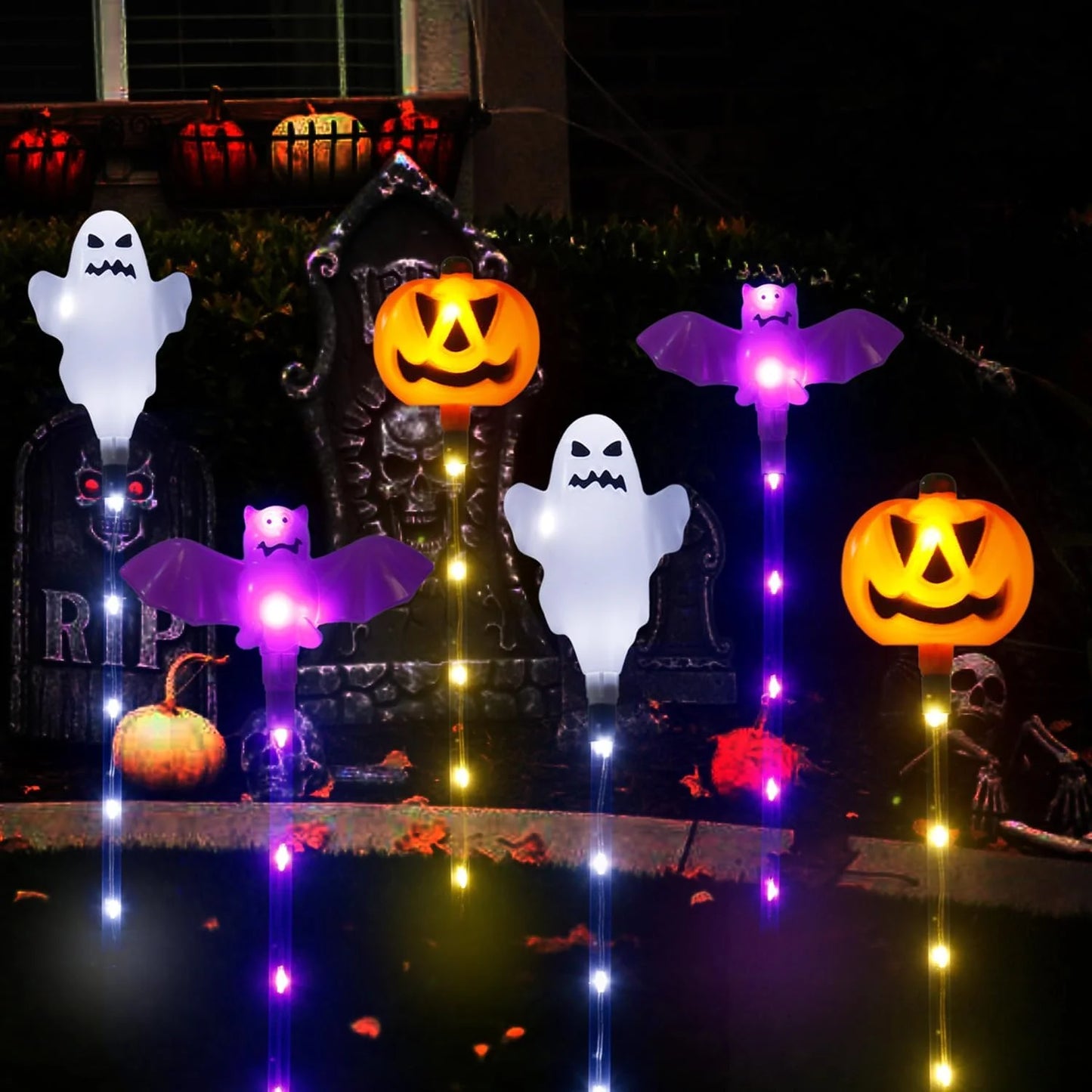 Solar Powered 8 LED Pumpkin Garden Stake Lights Halloween