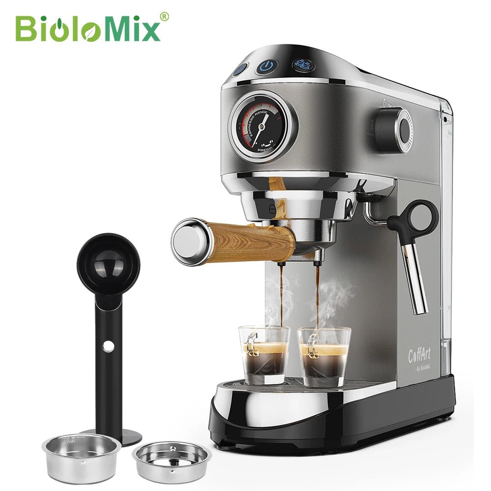 BioloMix 20 Bar Semi Automatic Powder Coffee Machine with Milk Steam Frother for Espresso Cappuccino Latte and Mocha