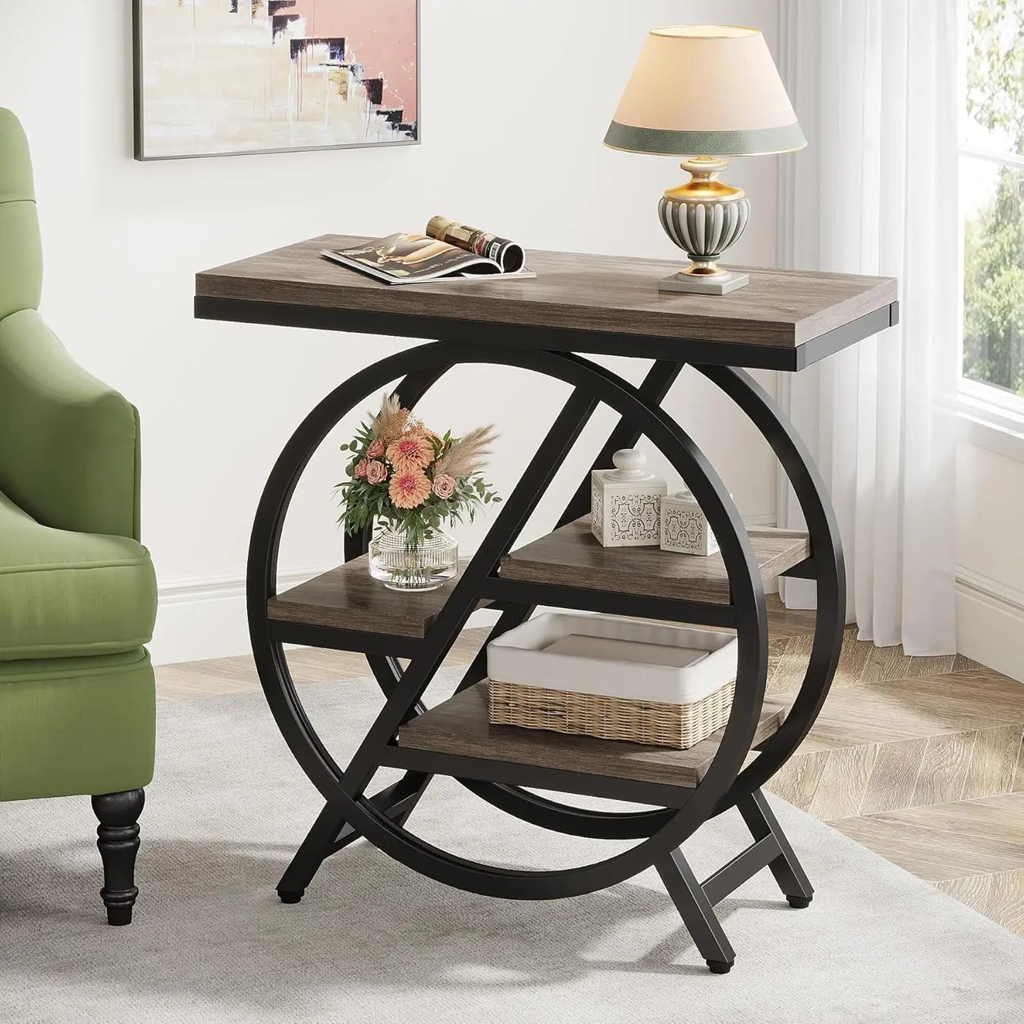 3 Tier Narrow Side Table With Storage Geometric Metal Frame
