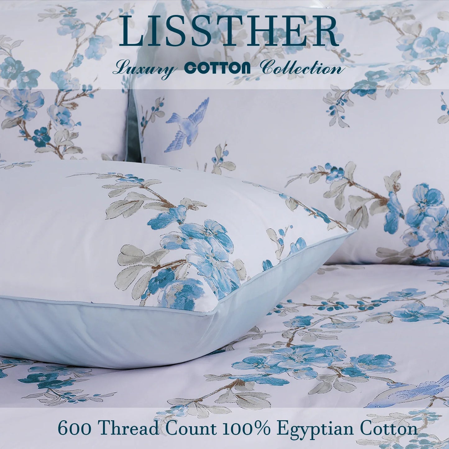 3Pc 600TC Egyptian Cotton Duvet Cover Set Blue Floral