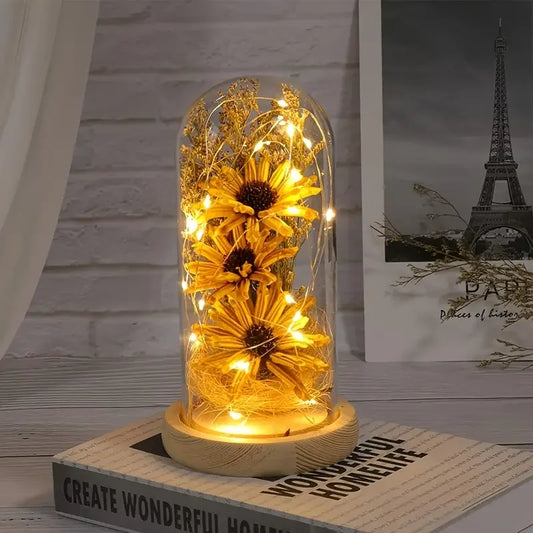 Sunflower Gifts for Women Artificial Sunflowers in Glass Dome with LED Strip Home Decor for Mother's Day and Valentine's Day
