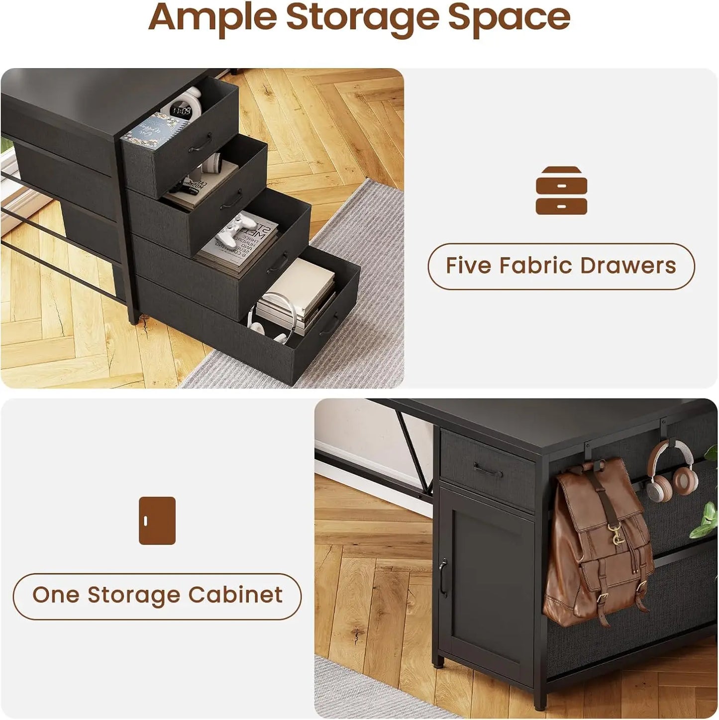 63 Inch L Shaped Corner Desk With 5 Drawers And Power Outlet For Home Office