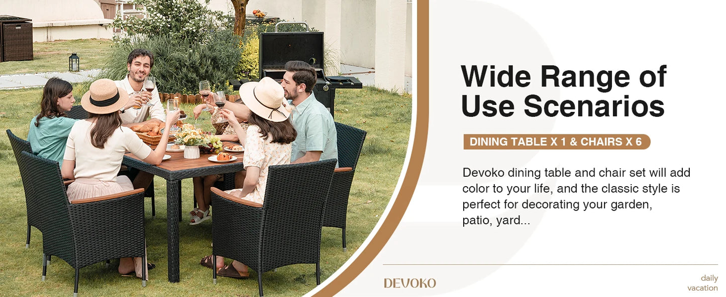 Outdoor 7 Piece Terrace Rattan Furniture Set With Lovewood Tabletop Black