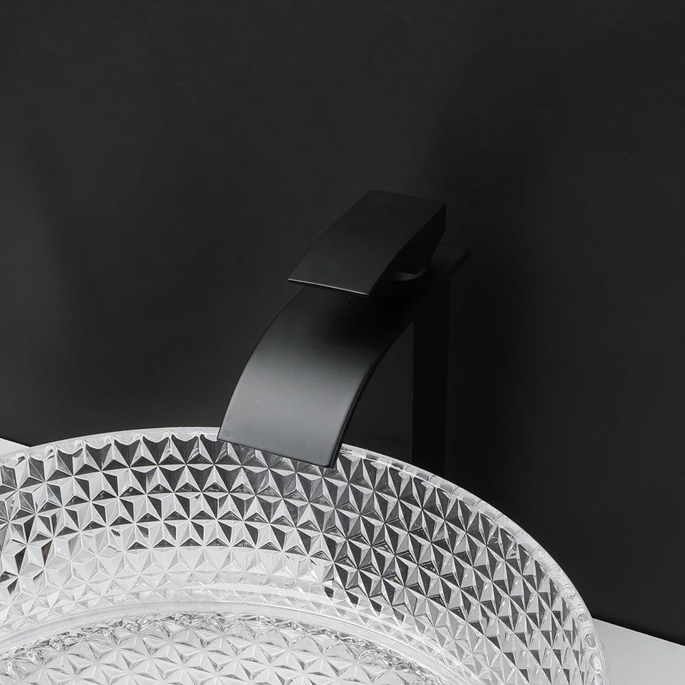 ZAPPO Black Glass Vessel Sink With Deck Mount Faucet