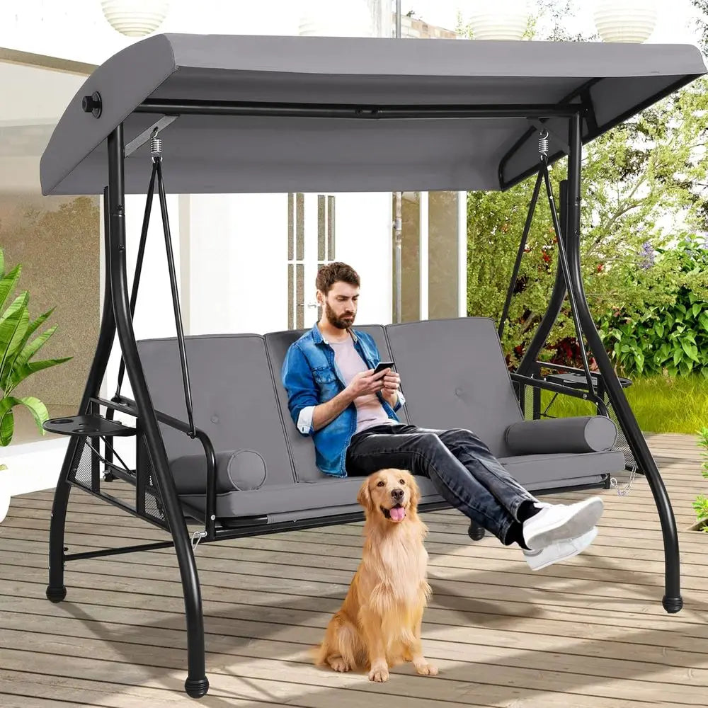 3 Seat Outdoor Swing Bed With Adjustable Stand Grey Cushion Pillows Cup Holders