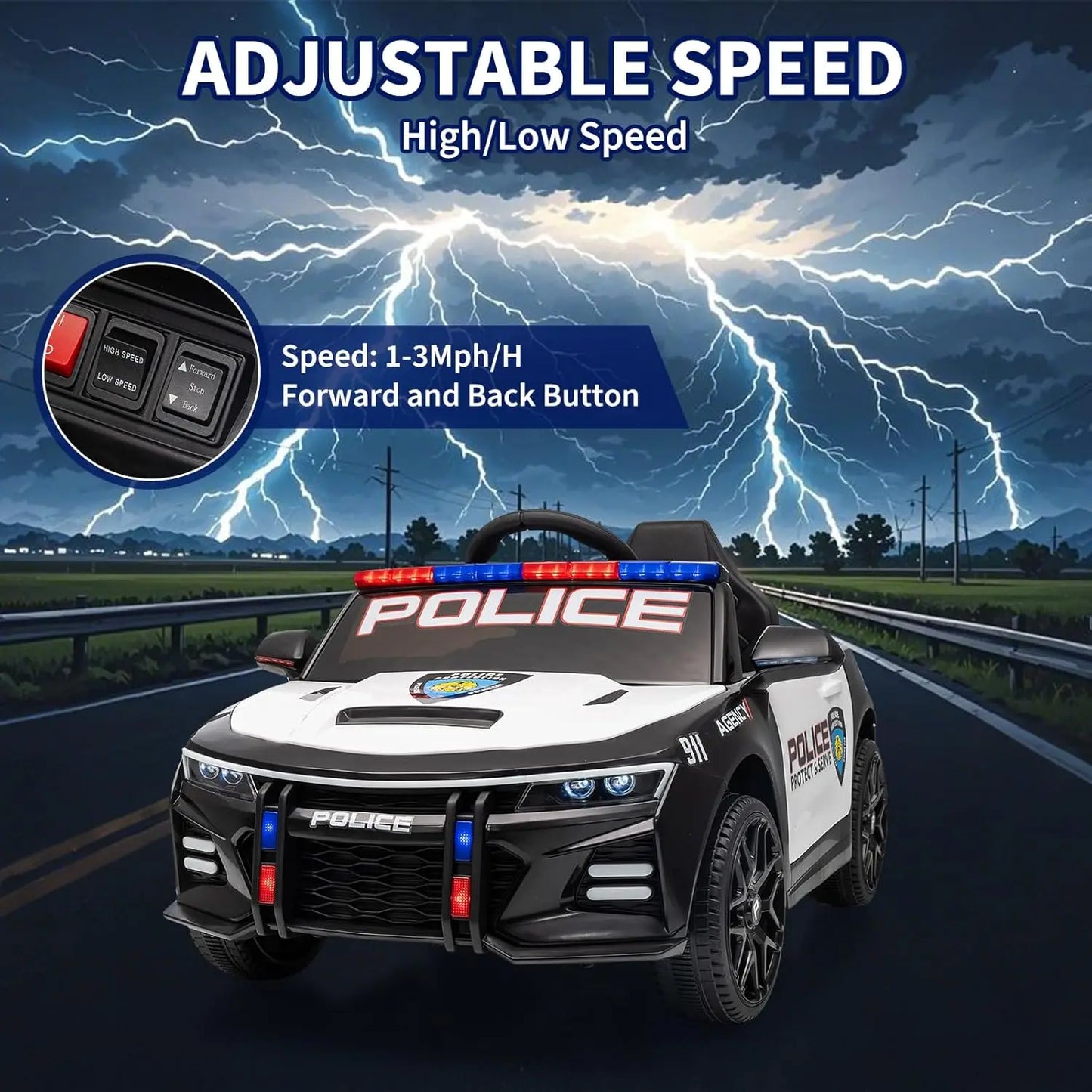 12V Police Ride On Car For Kids With Remote Control Lights Tones Music