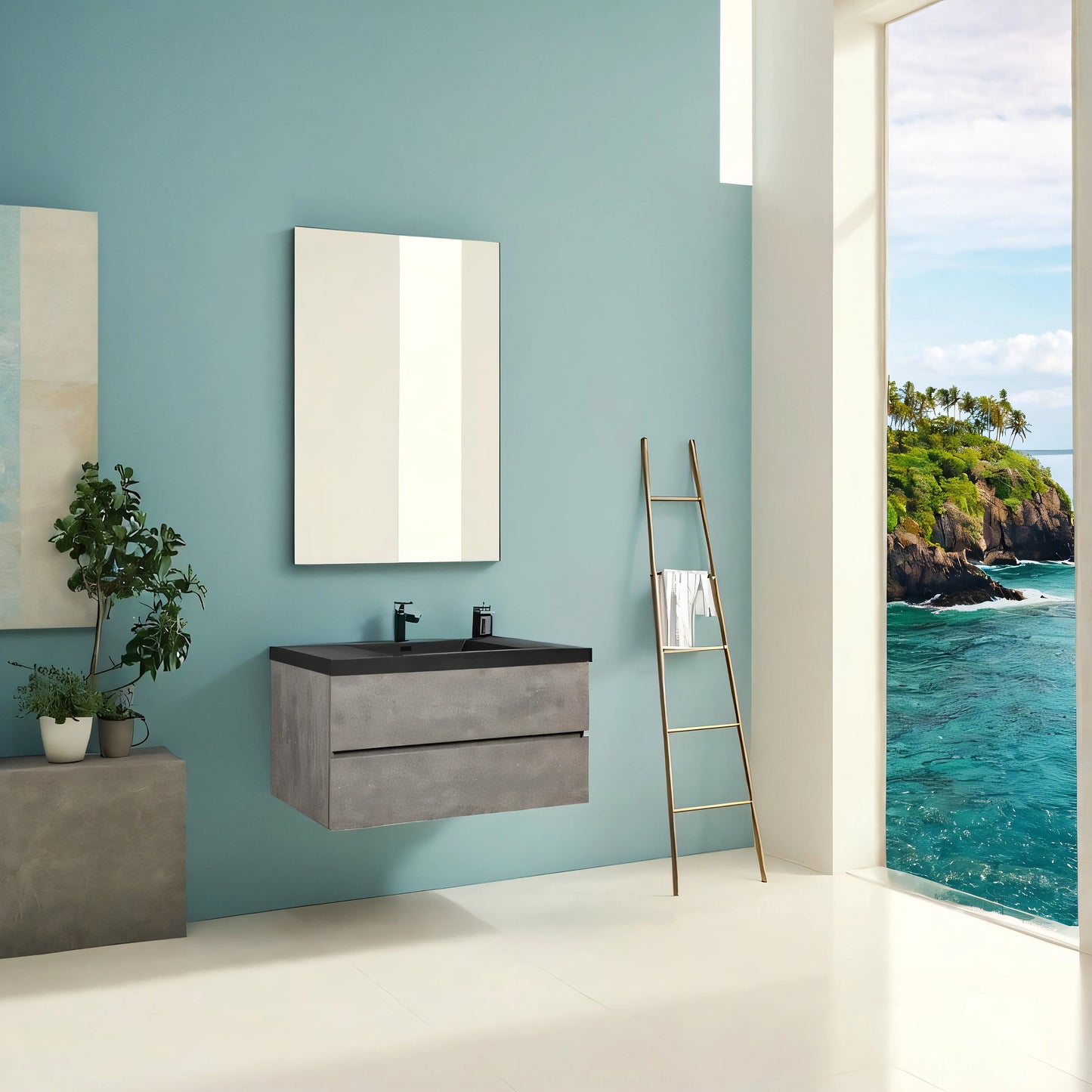 48 Inch Floating Bathroom Vanity With Sink Black Quartz Top
