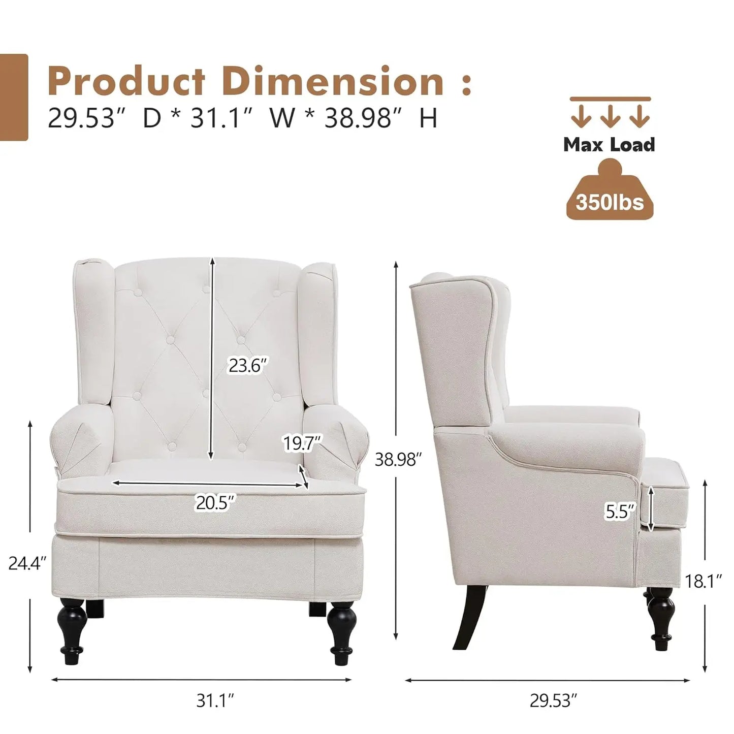 Accent Chair Set Of 2 Mid Century Modern Fabric Wingback Chairs With High Back