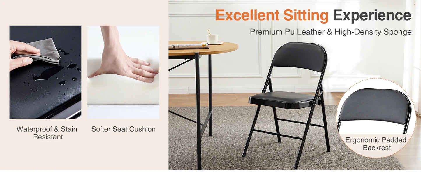 Leather Padded Folding Chairs Set Of 4 Sturdy Metal Frame Indoor Outdoor