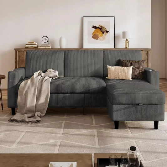 Three Seat L Shaped Sectional Sofa With Storage Ottoman And Cup Holders Grey
