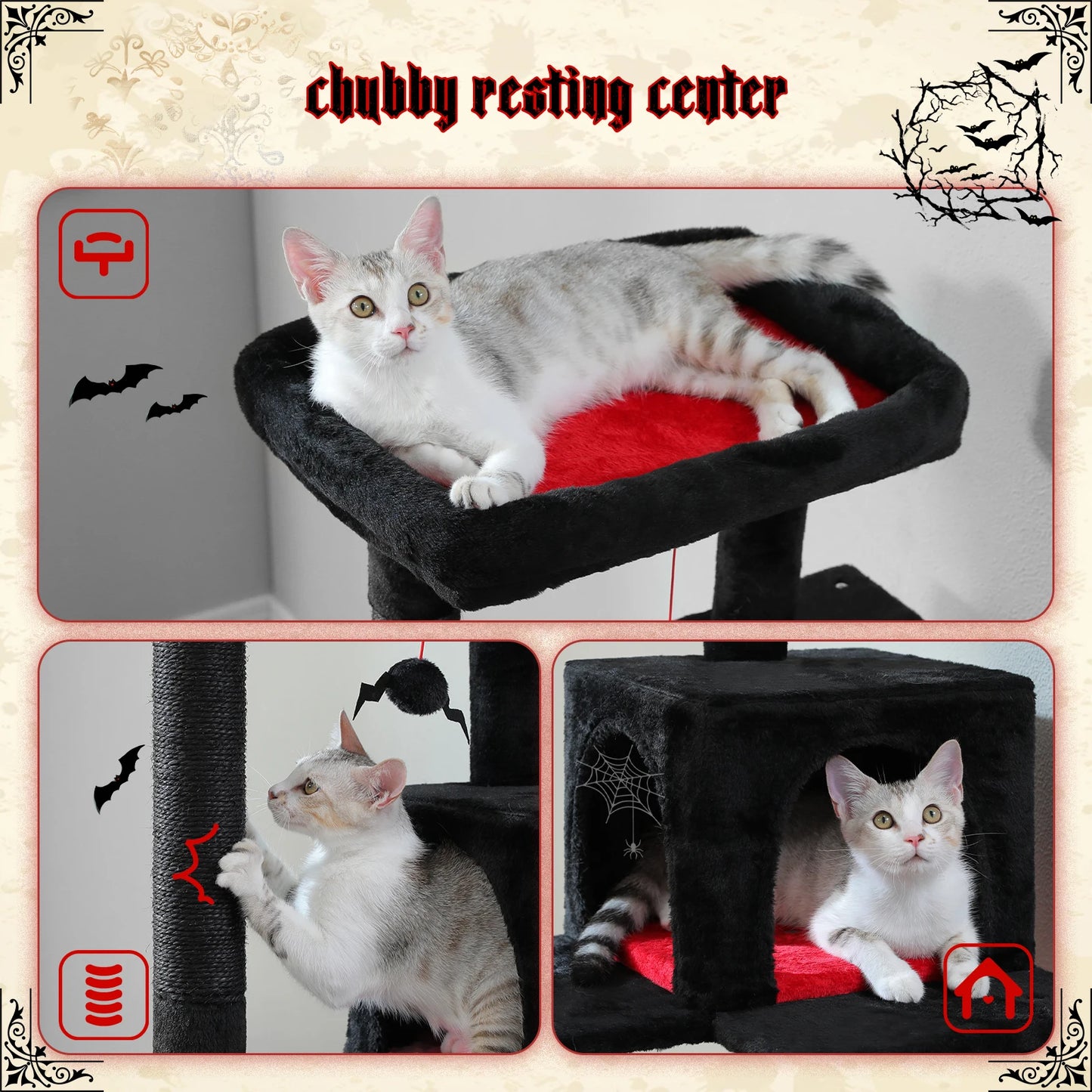 Gothic Cat Tree Tower for Indoor Cats Five Levels with Cozy Condo and Hammock