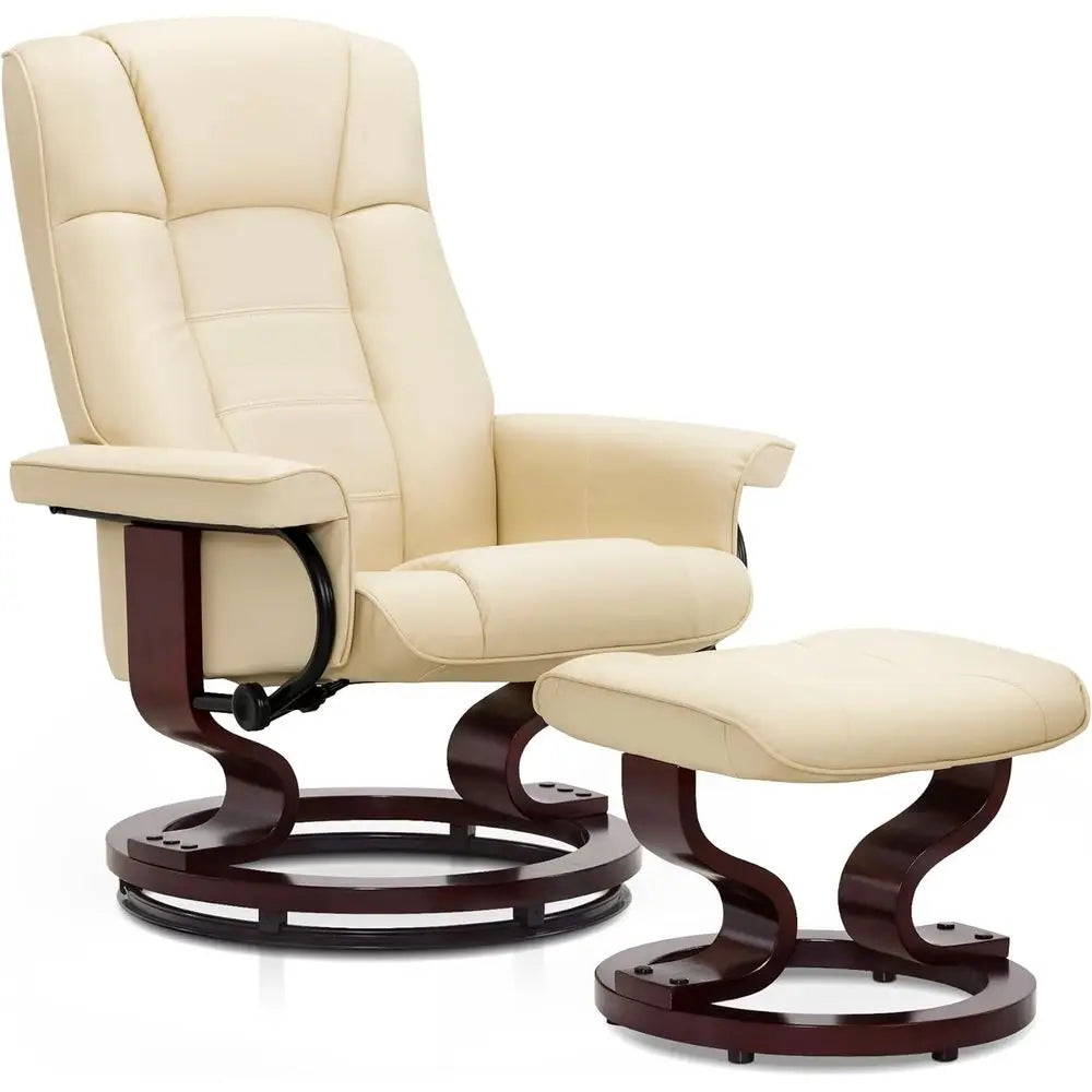 Recliner With Ottoman Set For Small Spaces Cream White Faux Leather