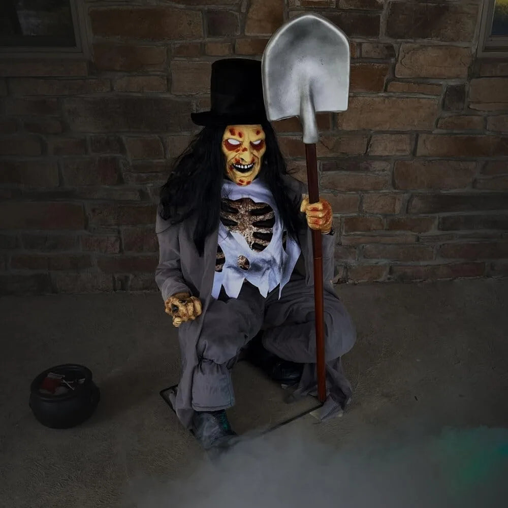 Motion Activated Crouching Grave Digger Animatronic Tekky Talking