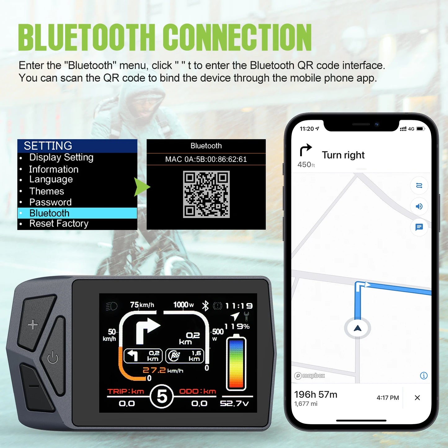 EKD01 Bluetooth Navigation Display 8 Languages For Ebike