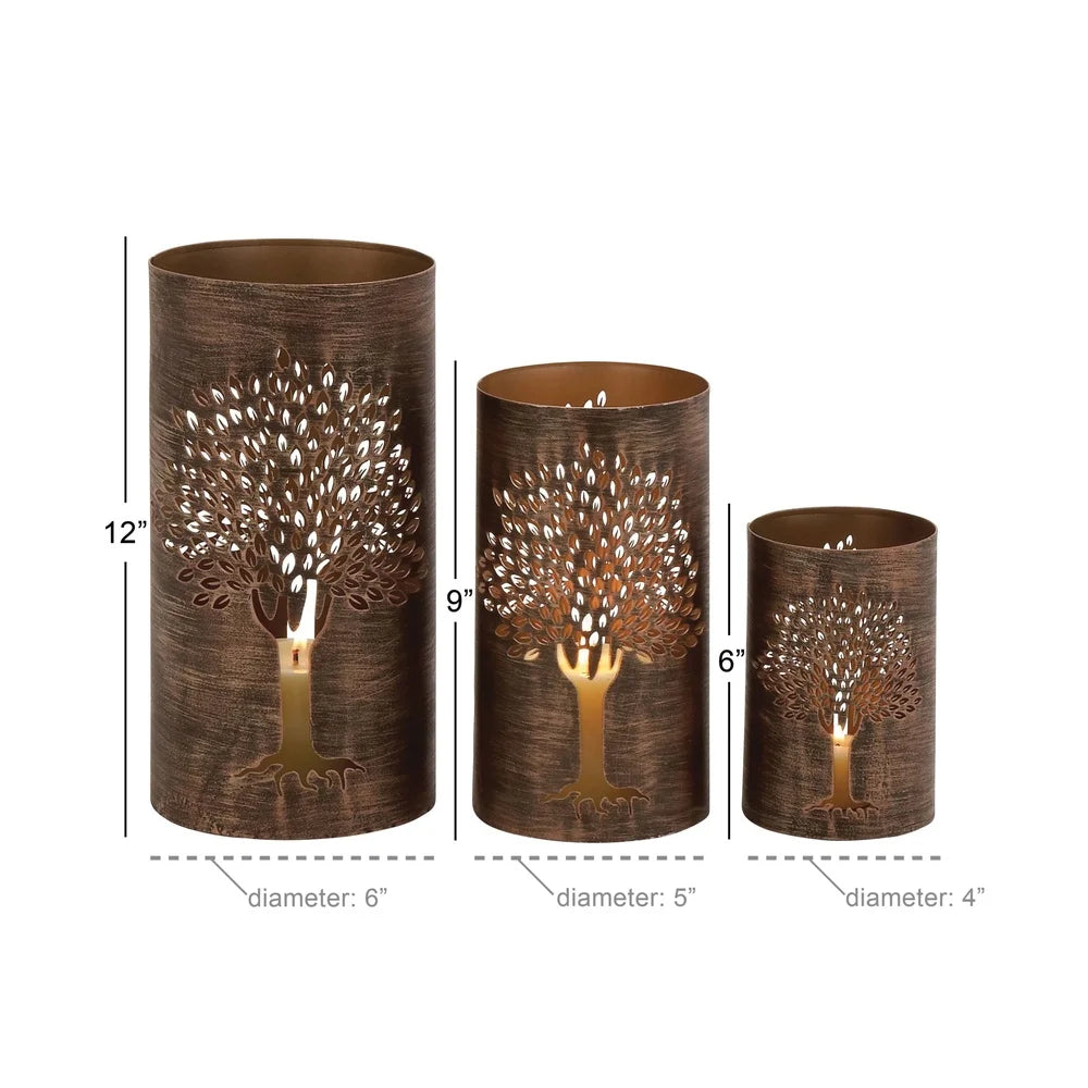 Copper Tree Lantern Set 3 Metal Holders for Pillar Candles