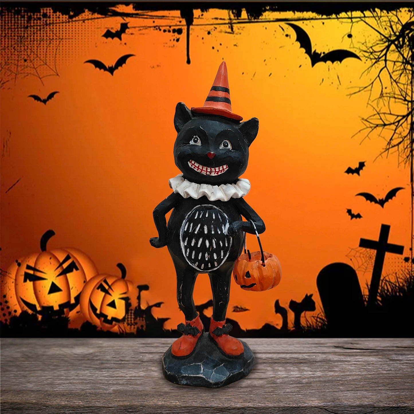 Halloween Resin Pumpkin Puppet Owl And Black Cat Statue